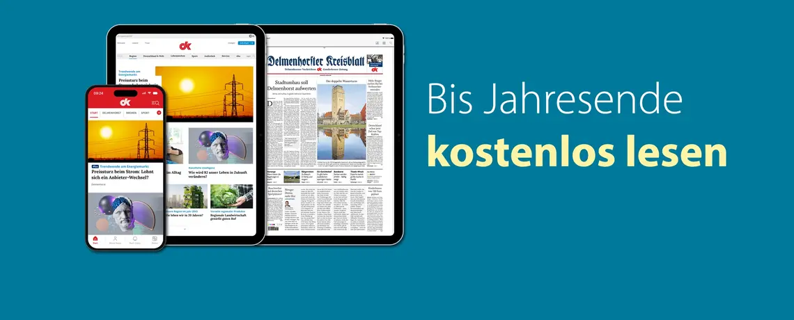 Das dk auf dem Smartphone und Tablet als Website und als E-Paper. Daneben steht "Bis Jahresende kostenlos lesen".
