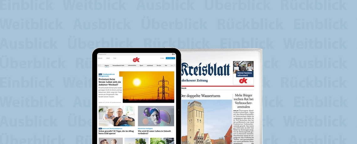 Tablet und Zeitungsausgabe des Delmenhorster Kreisblatts vor blauem Hintergrund mit Begriffen wie Rückblick, Ausblick und Überblick.