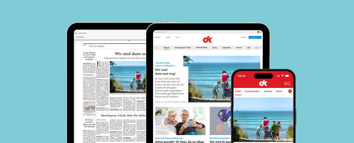 Tablet mit dk E-Paper und Tablet mit dk Website nebeneinander, daneben Handy mit dk News-App. Hintergrund in türkis.
