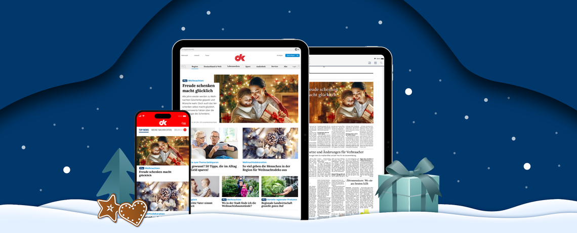 Weihnachtliche Optik mit Tablet mit E-Paper Screen, Tablet mit dk-online.de und Handy mit News-App
