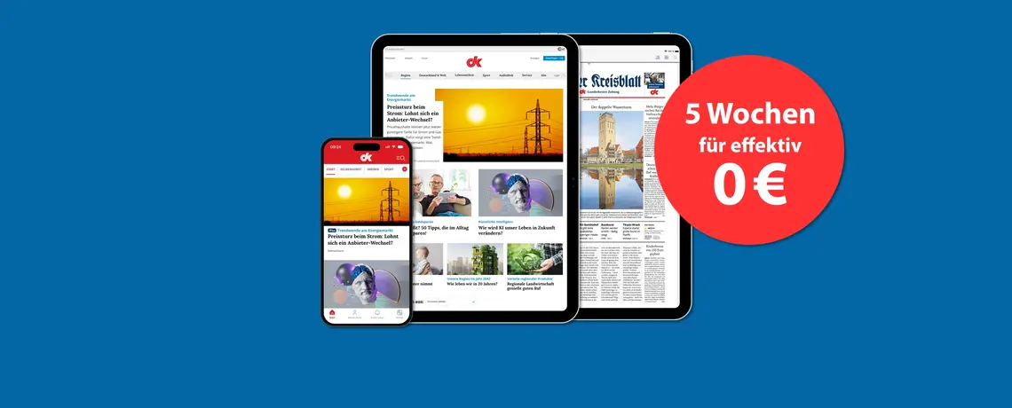 Abbildung der digitalen Produkte des Delmenhorster Kreisblattes mit dem Text "5 Wochen für effektiv 0€"