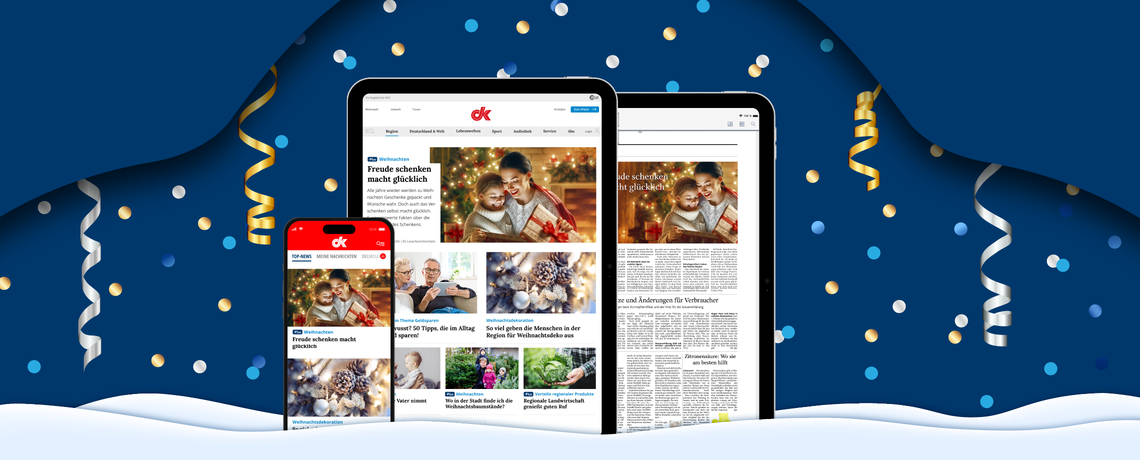 Silvester-Optik mit Tablet mit E-Paper Screen, Tablet mit dk-online.de und Handy mit News-App