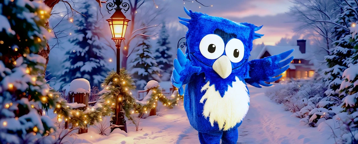 Die Zeitungseule Ole in einer verschneiten Winterlandschaft