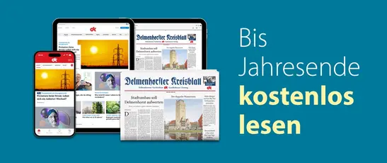 Abbildung der gedruckten Zeitung und der digitalen Produkte des Delmenhorster Kreisblattes mit dem Text "Bis Jahresende kostenlos lesen" 