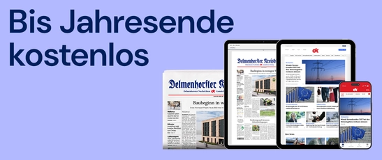 Abbildung der gedruckten Zeitung und der digitalen Produkte des Delmenhorster Kreisblattes mit der Überschrift "Bis Jahresende kostenlos"