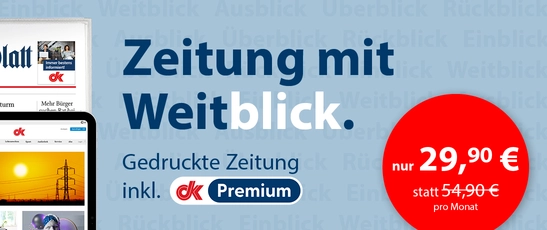 Ein Bild mit dem Slogan Zeitung mit Weitblick und einem roten Störer auf dem steht nur 29,90 € statt 54,90 € pro Monat