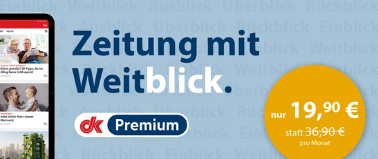 Bild mit einem Slogan Zeitung mit Weitblick und einem gelben Störer auf dem steht nur 19,90 € statt 36,90 € pro Monat