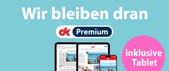 Abbildung vom Angebot dk Premium mit der Headline "Wir bleiben dran" & dem Text "inklusive Tablet"