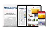 Gedruckte und digitale Ausgaben des Delmenhorster Kreisblattes auf verschiedenen Geräten (Smartphone mit dk News, Tablet mit E-Paper-App und Laptop mit dk-online.de)